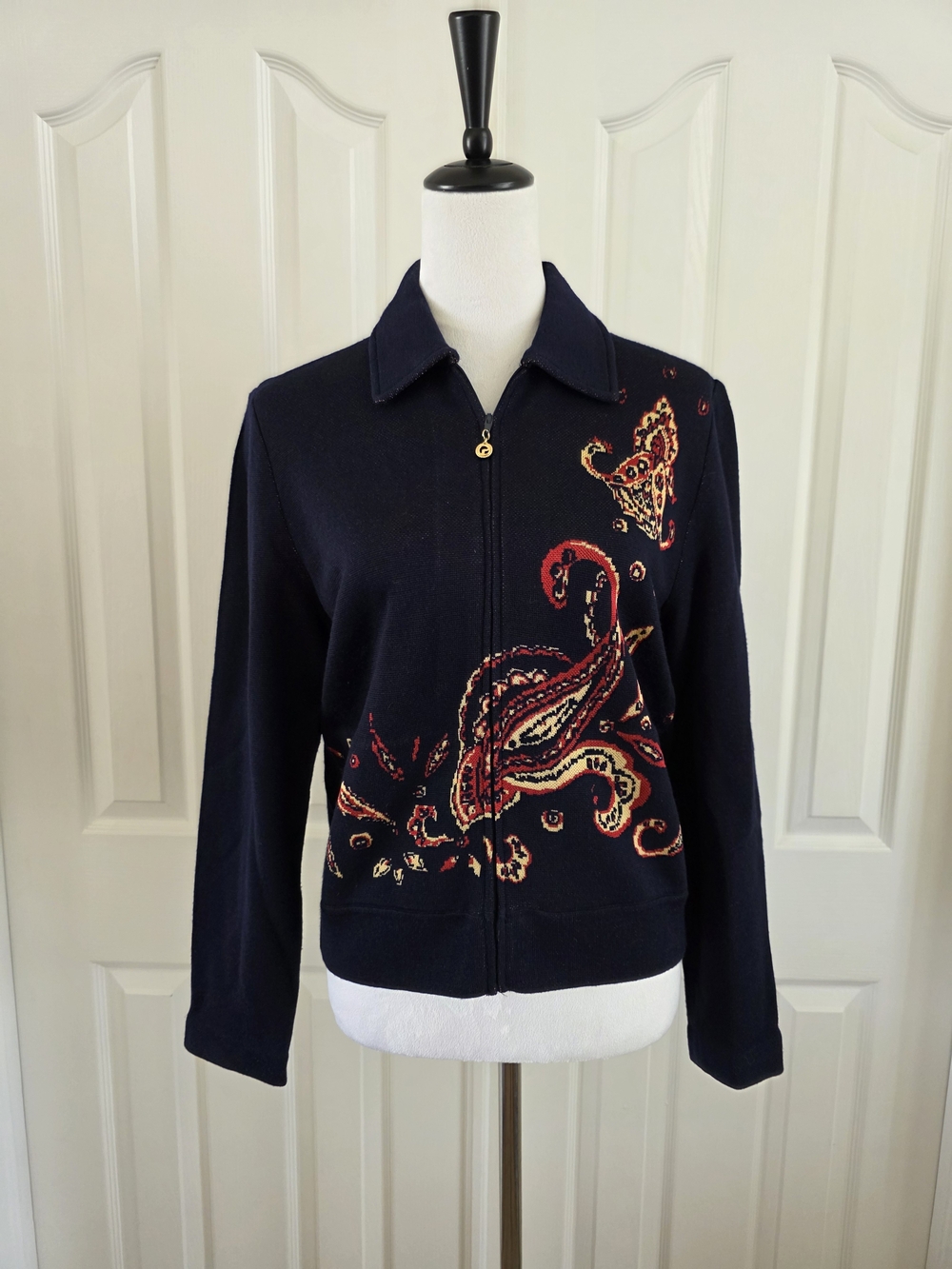 St John Sport Marie Gray Vintage Navy Paisley Zip Jacket USA Made Size S
